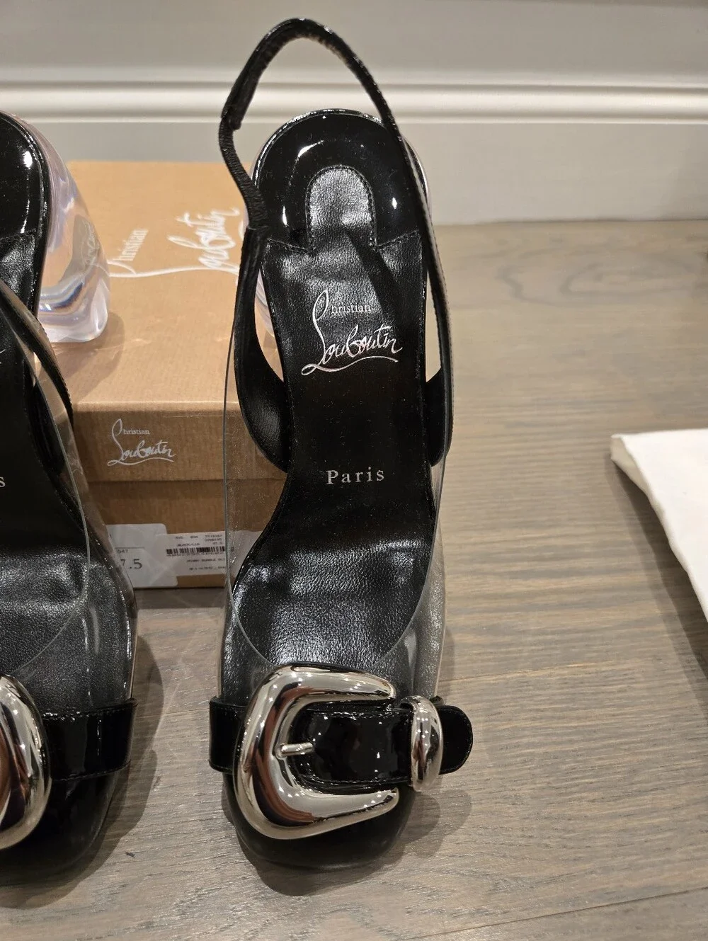 $1495 Christian Louboutin Black Minny Bubble 70 Buckle Slingback Pump 37.5 /7.5